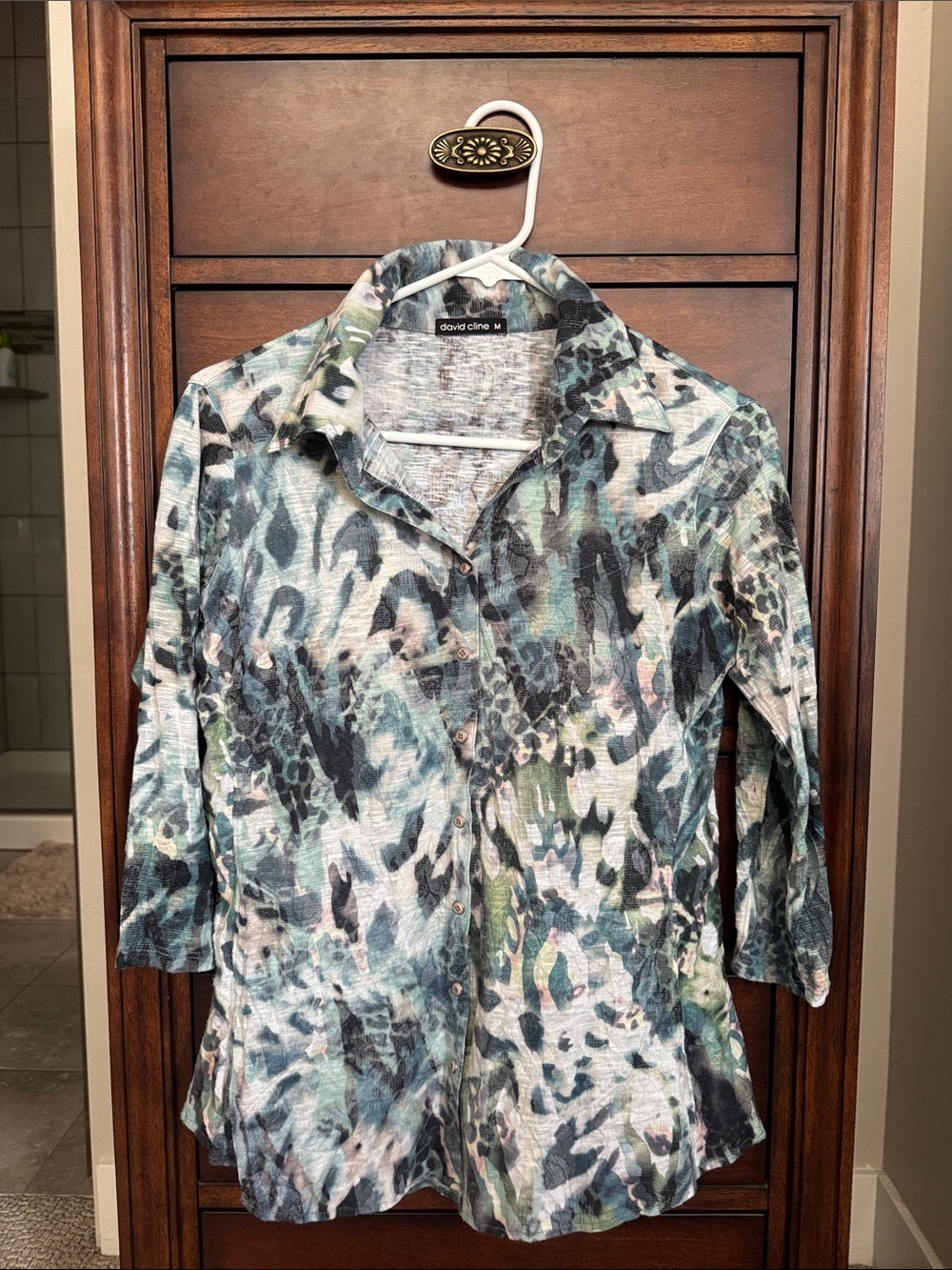 David Cline button down 3/4 sleeve multi color blouse medium